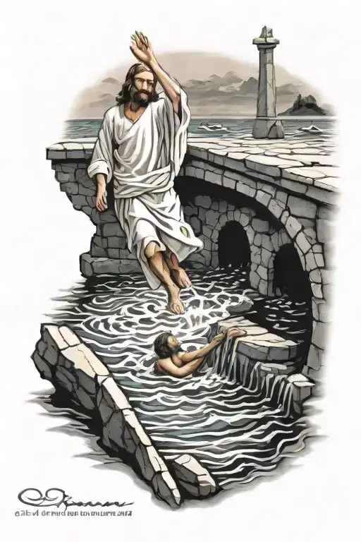 peters perspective of Jesus pulling him out the water  tattoo design idea