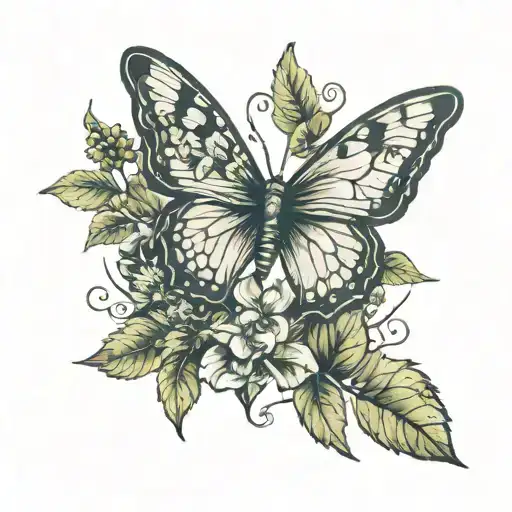 butterfly with plants sprouting from the ground surrounded with fallen leafs healing ptsd tattoo design idea