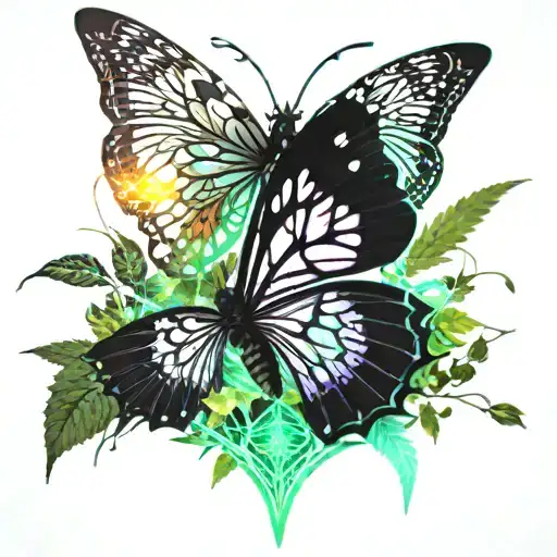 butterfly landing on plant sprouting from the ground surrounded with fallen leafs healing ptsd tattoo design idea