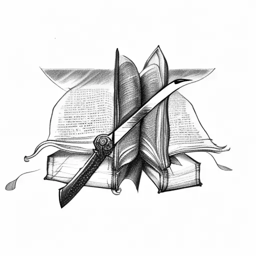 A sketch of a sword piercing through a book of knowledge tattoo design idea