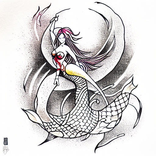 Mermaid Superhero, ruby, gold, inferno, dnd charact tattoo design idea