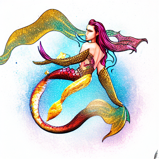 Mermaid Superhero, ruby, gold, inferno, dnd charact tattoo design idea