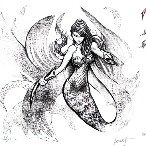 Mermaid Superhero, ruby, gold, inferno, dnd charact tattoo design idea