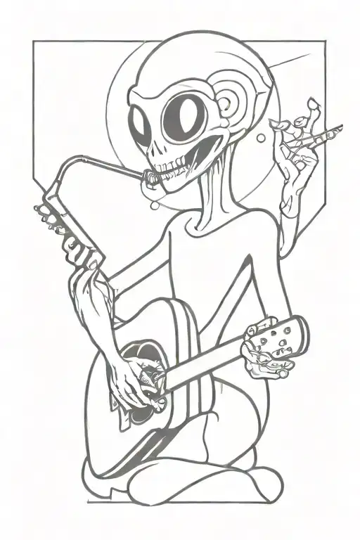 an alien smoking joint and playing guitar with headphone tattoo design idea