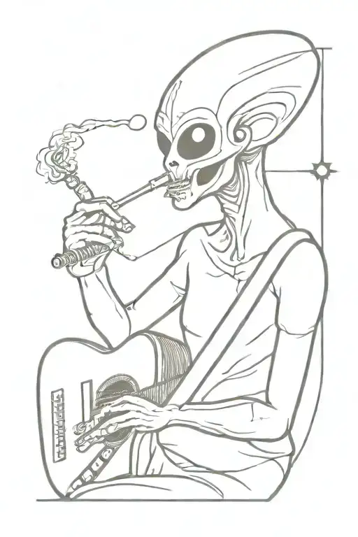 an alien smoking joint and playing guitar with headphone in galaxy tattoo design idea
