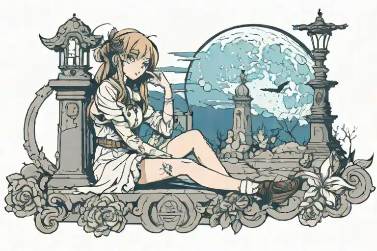 girl against the moon near the cemetery tattoo design idea