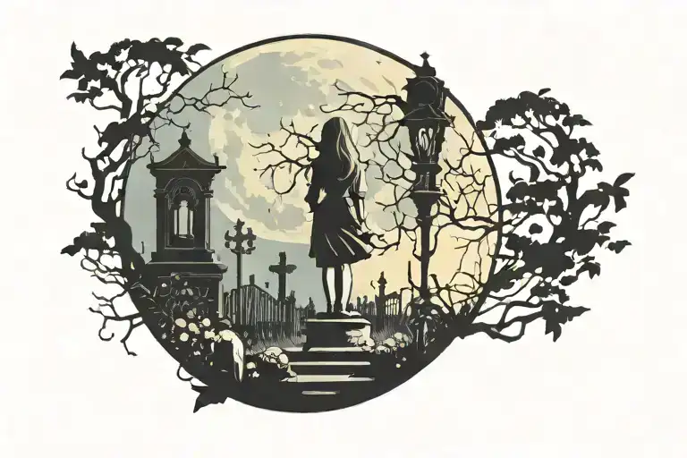 silhouette of a girl in a cemetery against the background of the moon looking up view from the back tattoo design idea