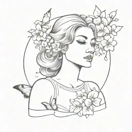 Aphrodite with cherry blossoms and dark butterflies tattoo design idea