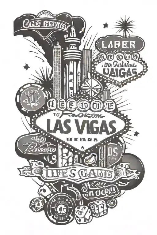 outline of the city of Las Vegas with the words life is a gamble with poker chips money and dice tattoo design idea