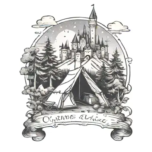 A camping scene with a Disney castle in the background tattoo design idea