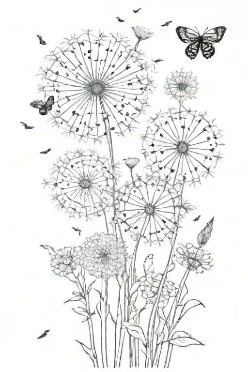 WHITE DANDILIONS WITH THE SEEDS FLYING OFF THE FLOWER WITH LADY BUGS FLYING AROUND tattoo design idea