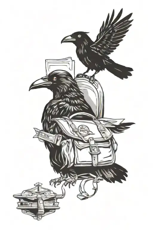 crow and travel backpack walking tattoo design idea