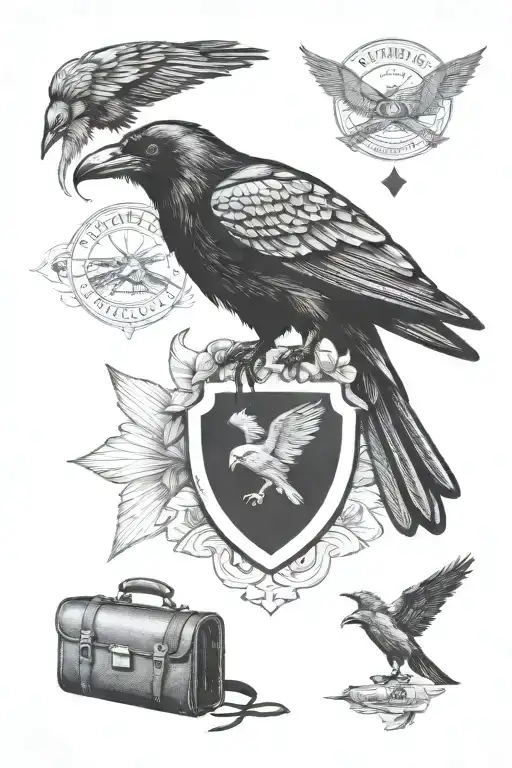 crow and travel backpack walking tattoo design idea