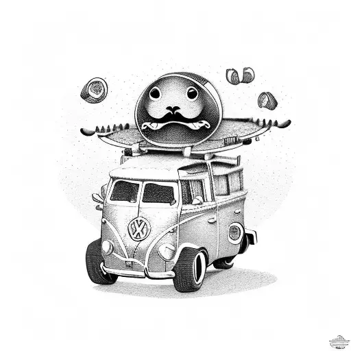 Nostalgic suitcase. Inside, a guitar strums, a Volkswagen Beetle car soars, a skateboard glides, a floating mustache add tattoo design idea