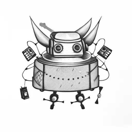 Old suitcase, fun stickers: robot, rooster, cangaceiro hats, dress, and musical note. Inside, flying guitar, car, skateb tattoo design idea