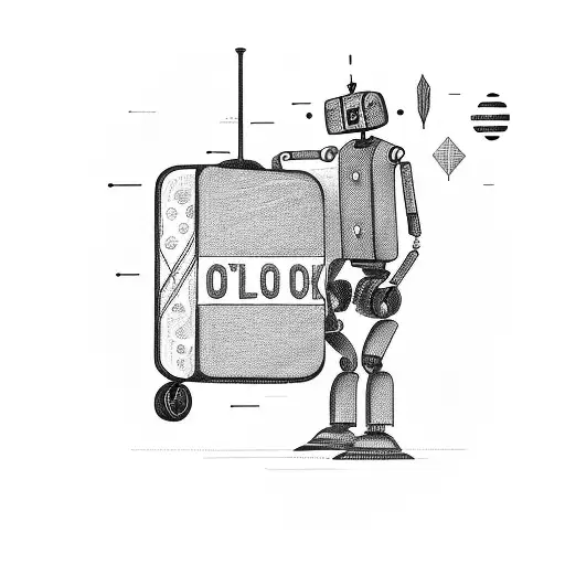 a robot carring an open old suitcase, where fallen a guitar, a small beetle, skateboard, a mustache, open book  tattoo design idea