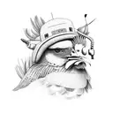 Nostalgic suitcase adorned with quirky stickers: robot, rooster, and hen in a row, cangaceiro hats side by side, a dress tattoo design idea