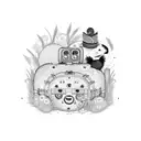 Nostalgic suitcase adorned with quirky stickers: robot, rooster, and hen in a row, cangaceiro hats side by side, a dress tattoo design idea