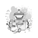 Nostalgic suitcase adorned with quirky stickers: robot, rooster, and hen in a row, cangaceiro hats side by side, a dress tattoo design idea