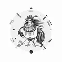 Nostalgic suitcase adorned with quirky stickers: robot, rooster, and hen in a row, cangaceiro hats side by side, a dress tattoo design idea