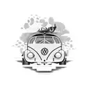 Nostalgic suitcase adorned with quirky stickers.Inside, a guitar strums, a Volkswagen Beetle car soars, a skateboard gli tattoo design idea