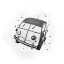 Nostalgic suitcase adorned with quirky stickers.Inside, a guitar strums, a Volkswagen Beetle car soars, a skateboard gli tattoo design idea