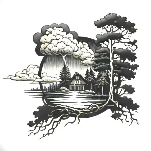 A majestic thunderstorm brewing over a dark forest with a hidden speakeasy nestled among the trees tattoo design idea