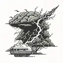 A rolling thunderstorm with lightning striking dead center, negative space tattoo design idea