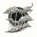 A rolling thunderstorm with lightning striking dead center, negative space tattoo design idea