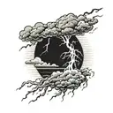 A rolling thunderstorm with lightning striking dead center, negative space tattoo design idea