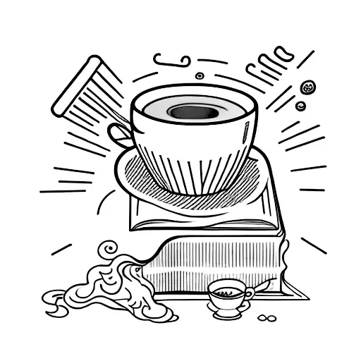 An open book with steam rising from a cup of coffee on top, surrounded by various cooking utensils tattoo design idea