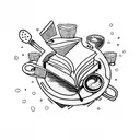 An open book with steam rising from a cup of coffee on top, surrounded by various cooking utensils tattoo design idea