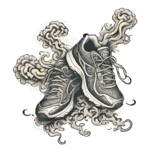 Smoke swirling around a pair of running shoes tattoo design idea