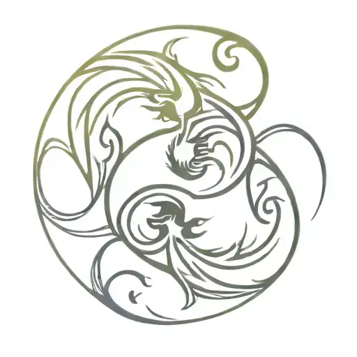 Yin yang symbol formed by two intertwining dragons. Simple, clean lines. Minimalist style. Dragon heads meet at center. tattoo design idea