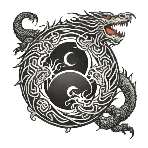 Yin yang symbol formed by two intertwining dragons. Simple, clean lines. Minimalist style. Dragon heads meet at center. tattoo design idea