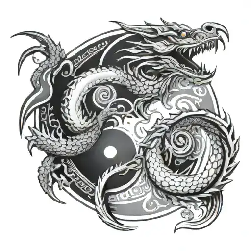 Prompt: Black and white tattoo. Yin yang symbol formed by two intertwining dragons. White dragon on the light side, blac tattoo design idea