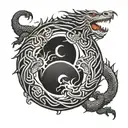 Yin yang symbol formed by two intertwining dragons. Simple, clean lines. Minimalist style. Dragon heads meet at center. tattoo design idea