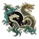 Yin yang symbol formed by two intertwining dragons. Simple, clean lines. Minimalist style. Dragon heads meet at center. tattoo design idea