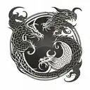Yin yang symbol formed by two intertwining dragons. Simple, clean lines. Minimalist style. Dragon heads meet at center. tattoo design idea