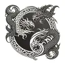 Yin yang symbol formed by two intertwining dragons. Simple, clean lines. Minimalist style. Dragon heads meet at center. tattoo design idea
