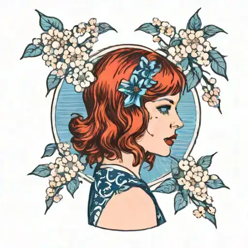 short red haired girl with blue eyes in a garden of cherry trees tattoo design idea