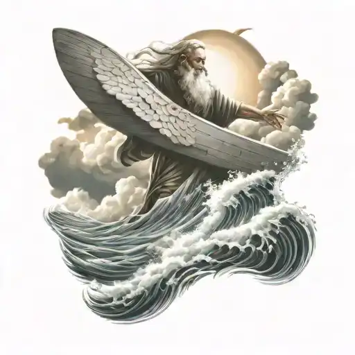 Biblical Noah with his arc in the backround on a tidal wave, dove flying, sunlight breakingg through the clouded sky  tattoo design idea