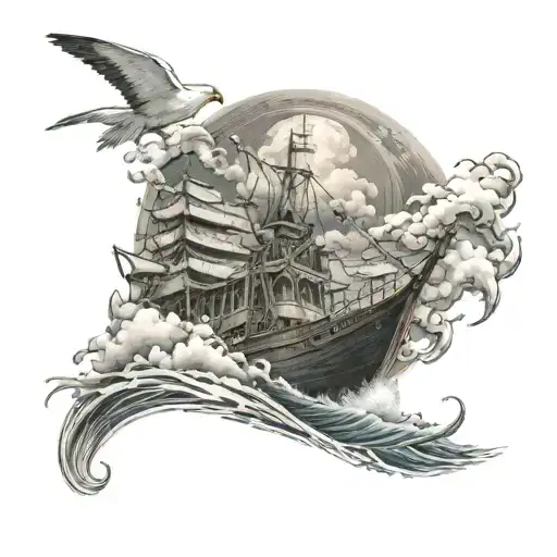 Biblical Noah infront his big arc in the backround on tidal wave, dove flying, light breakingg through the clouded sky  tattoo design idea