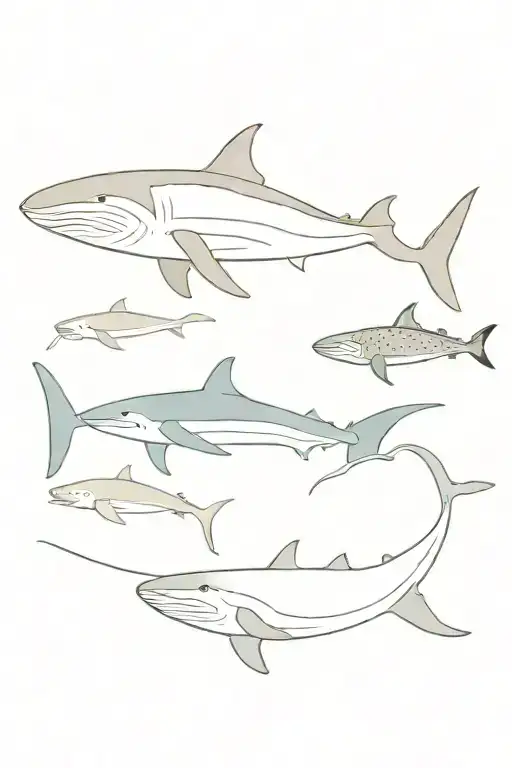blue whale, manatee, whale shark, stingray swimming together in a line tattoo design idea