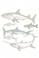 blue whale, manatee, whale shark, stingray swimming together in a line tattoo design idea