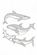 blue whale, manatee, whale shark, stingray swimming together in a line tattoo design idea