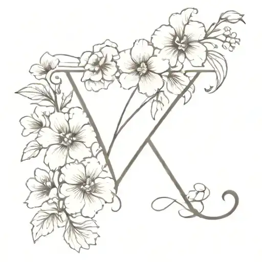 cursive letter V with violets and primroses  growing tattoo design idea