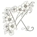 cursive letter V with violets and primroses  growing tattoo design idea