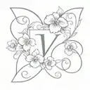 cursive letter V with violets and primroses  growing tattoo design idea