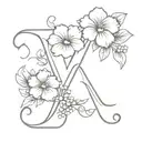 cursive letter V with violets and primroses  growing tattoo design idea